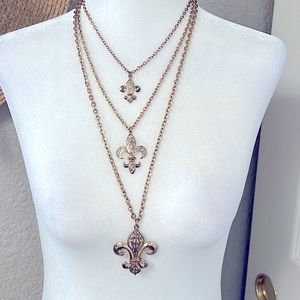 Vintage Fleur-de-lis Multi-Strand Gold Tone Chain Pendant Necklace Amber Crystal